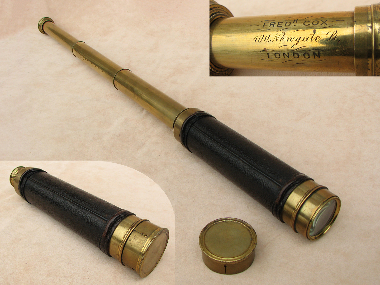 Frederick Cox mid 19th century 3 draw leather clad marine telescope.